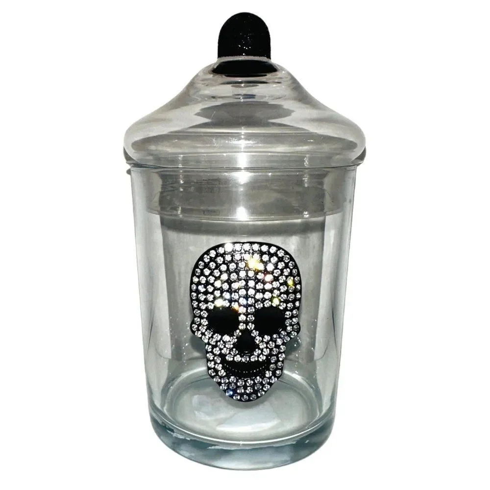 BX1 Rhinestone Glass Skull Candy Canister Halloween Decor Makeup Holder New Clea